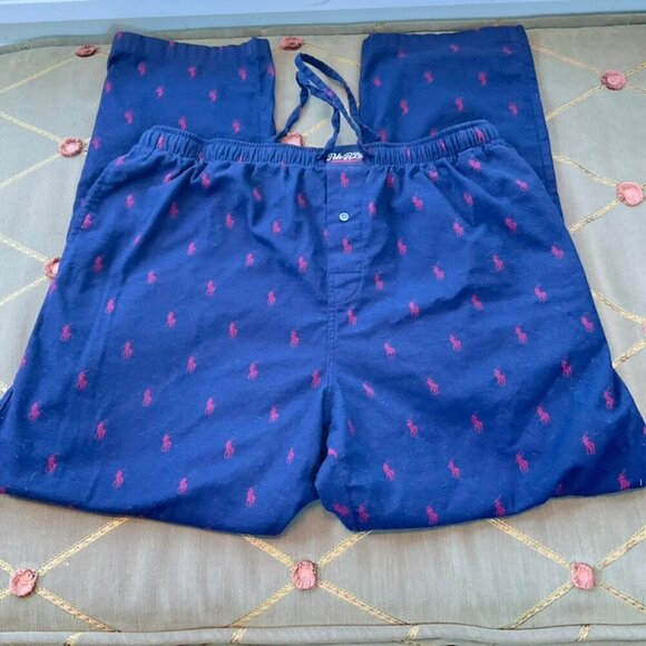 Polo Ralph Lauren Pants Casual Flannel Loungewear Navy Blue with Red Logo (XL)